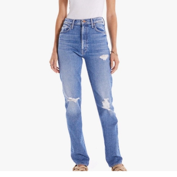 MOTHER Denim - MOTHER Distressed Blue Straight Leg Jeans